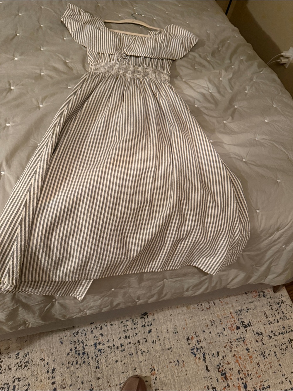 Zara Cream and Gray Striped Maxi Skirted Dress